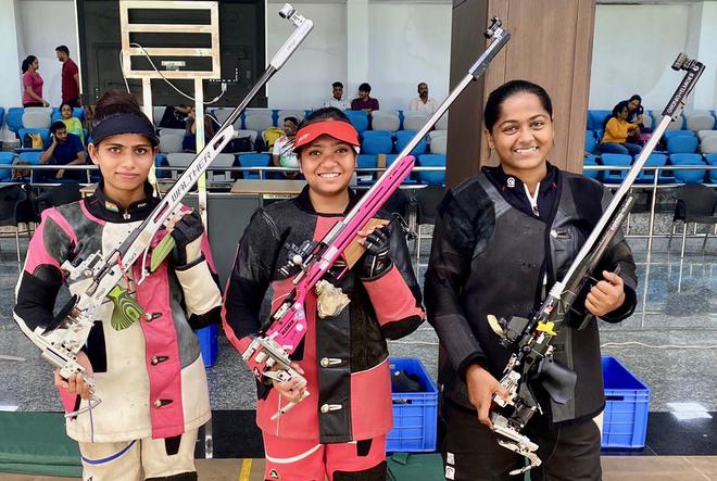 Priya, champion Ayushi Podder and Lajja Gauswami, the best in women’s rifle 3-position in Bhopal on Thursday.
